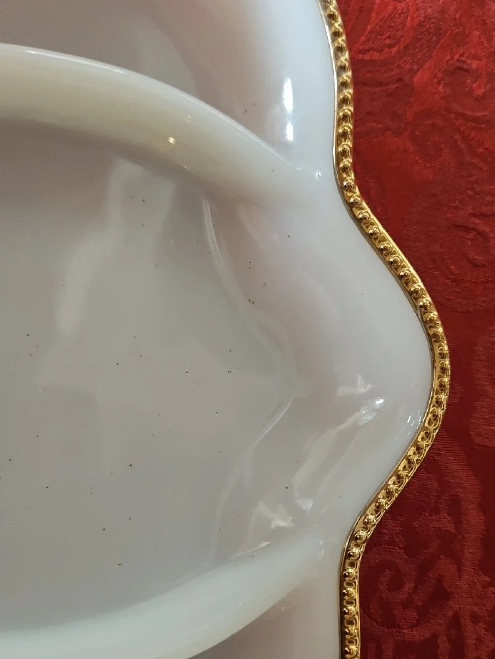 VTG Fire-King Milk Glass 3 Section Divided Relish Dish Gold Scalloped Rim, #1